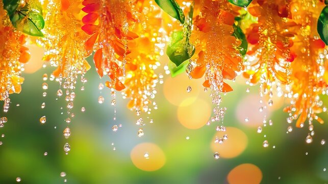 Vibrant water droplets and floral garlands capture the joy of a traditional water festival.
