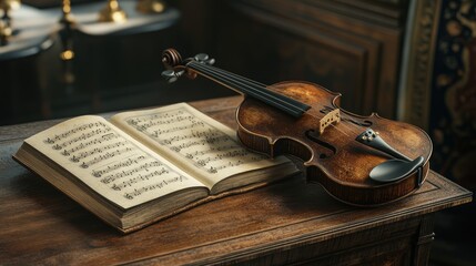 A violin and open music book on a rustic wooden table