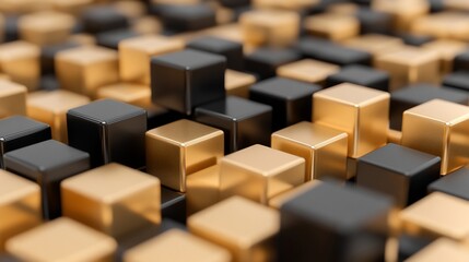 Fototapeta premium Cubes of black and gold create a pattern. Geometric shapes. Metallic surfaces