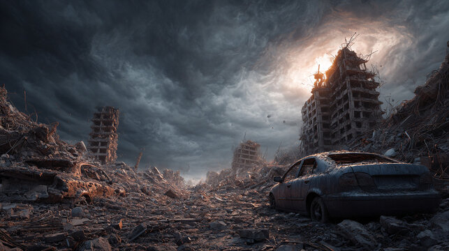 Post apocalyptic city ruins landscape after disaster with destroyed building and car stock photo