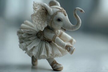 A whimsical and artistic rendering of an elephant ballerina in a delicate tutu and ornate headpiece, gracefully poised against a soft, neutral backdrop.