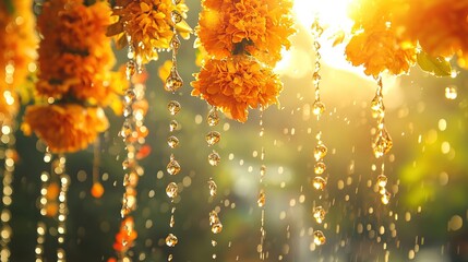 Vibrant water droplets and floral garlands capture the joy of a traditional water festival.
