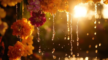 Vibrant water droplets and floral garlands capture the joy of a traditional water festival.
