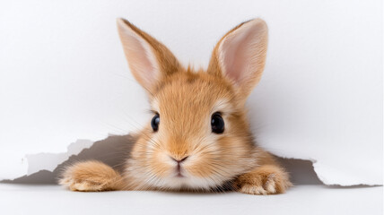 Obraz premium Adorable Easter bunny peeking through torn paper wall