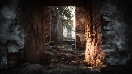 Exploring the ruins a journey through time and decay brick walls and forgotten history in a dark passage