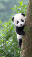 Fototapeta premium Adorable panda cub climbing tree surrounded by lush greenery, evoking sense of playfulness