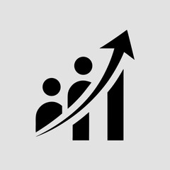 An icon depicting increasing bar graphs combined with stick figures and an upward curving arrow, symbolizing growth and progress of people or members. Suitable for business, HR, and social media conte