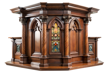 Ornate wood pulpit featuring stained glass arches and twisted columns, pulpit, church furniture, ornate, wood, dark wood, stained glass, arches, gothic, religious, religion, christianity, christian
