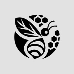 Obraz premium A black silhouette of a bee with wings, positioned over a honeycomb pattern within a circle. Suitable for honey, nature, or environmental themes.