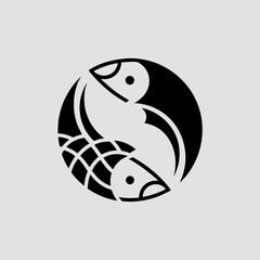 A black and white circular design featuring two stylized fish forming a balanced, swirling pattern. Could represent harmony, duality, or a logo.