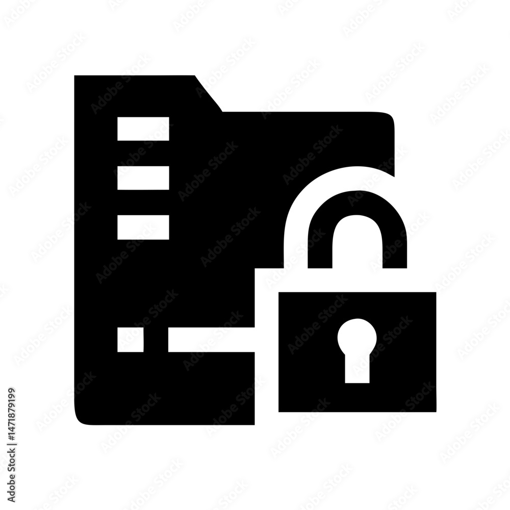 Poster a solid black icon of a folder with a large padlock in front, symbolizing secure data storage or con