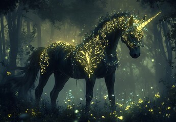 Enchanted unicorn in a mystical forest decorated with glowing gold and floral patterns