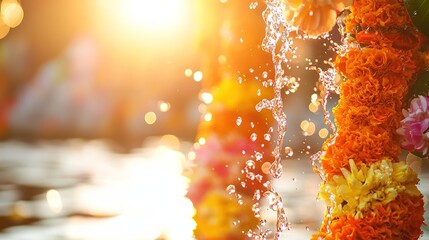 Vibrant water droplets and floral garlands capture the joy of a traditional water festival.
