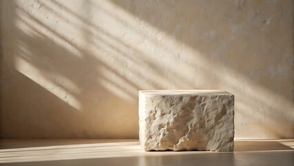 Textured stone podium displaying product against beige background with natural sunlight and shadow