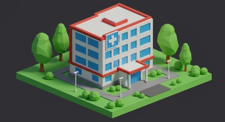 Isometric low poly hospital building with trees on a green surface