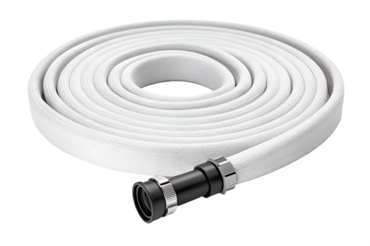 White fire hose coiled with black nozzle on black background, fire hose, fire fighting, firefighting equipment, coiled, white hose, hose nozzle, black nozzle, water hose, emergency, safety, equipment