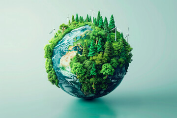 Fototapeta premium The lush green globe, covered with dense forests and wind turbines, symbolizes sustainability, renewable energy and harmony between technology and nature. Ecology Day. Earth Day