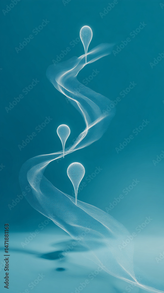 Poster abstract image of three white, textured markers on a teal background, connected by a flowing, transl