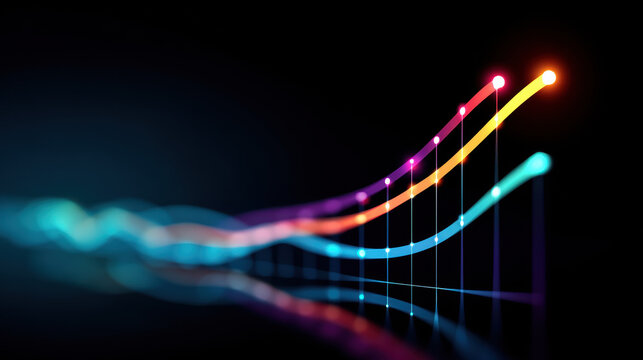 Flowing abstract data lines in vibrant colors showing productivity growth and dynamic progress on dark background with glowing points and smooth curves