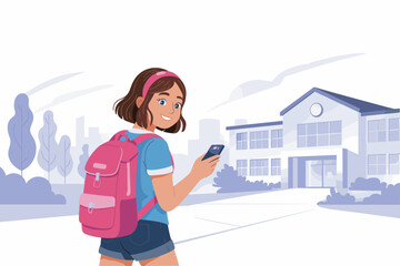 Young girl walking towards school while using smartphone
