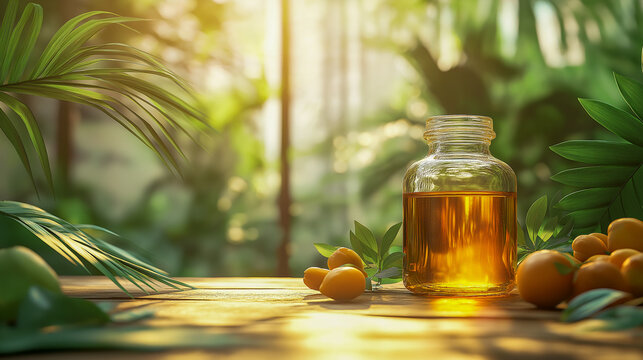Tropical essence: Bottle of golden liquid with ripe kumquats on a sunlit wooden surface surrounded by lush green foliage. - Powered by Adobe