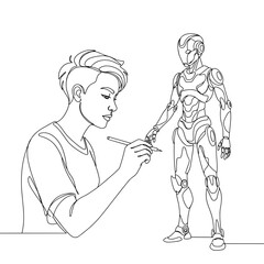 Fototapeta premium Artist designing a humanoid robot — one-line vector illustration for Expo 2025 innovation and creativity themes