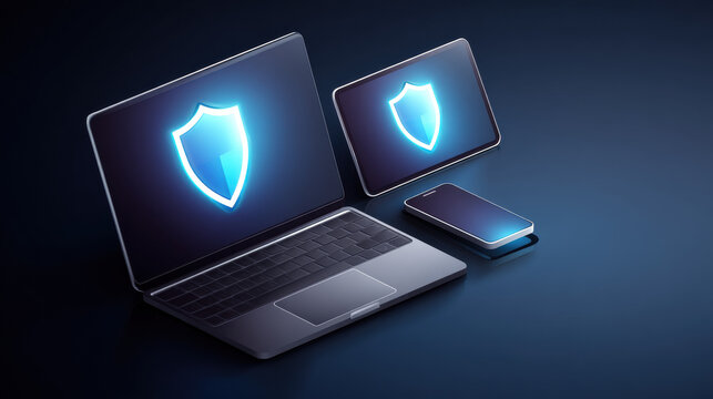 Secure endpoint security protecting devices accessing data, including laptop, tablet, and smartphone with glowing shield icons on screens, symbolizing digital protection and cybersecurity