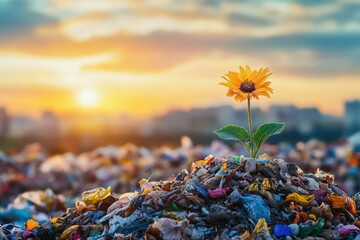 Blooming flower rises from colorful trash at sunset