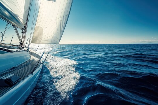 Fototapeta Sleek white sailboat glides across azure sea