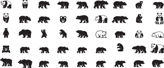 Diverse Black and White Bear and Panda Silhouettes Set