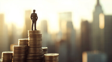 Miniature businessman standing confidently on stacked coins in conceptual style with sunrise tones representing ambition and financial success