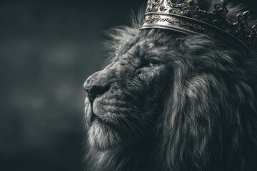 Dramatic portrait of a regal lion wearing an ornate crown, symbolizing power, strength, and the king of the jungle in a monochrome aesthetic, royalty and majesty.
