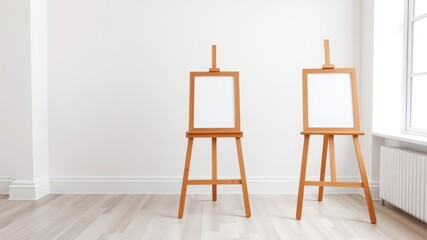 Two empty wooden easels in a bright room