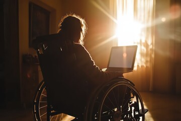Person in wheelchair working on laptop in bright office