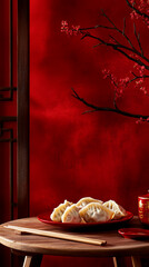Obraz premium Traditional Chinese dumplings on wooden table in red festive setting with copy space