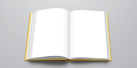 Blank pages of an open book with a yellow cover, ready for your text or design.