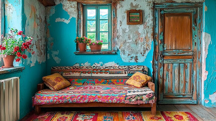 Rustic vintage living room interior with turquoise peeling walls and colorful ethnic textiles