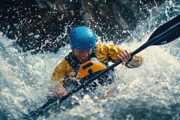 Fototapeta premium Kayaker battles whitewater rapids in powerful river scene