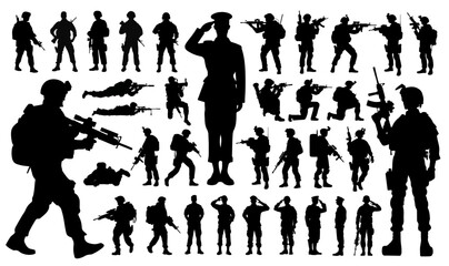 Silhouette of american sniper, usa soldier, army and veteran in action with gun rifle. Military man with weapon and salute soldier icon for memorial day, independence day or fourth of july background.