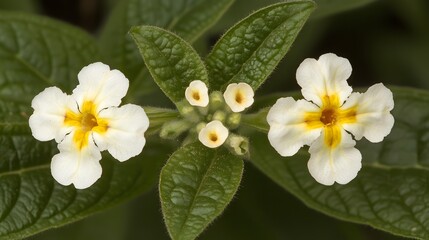 Obraz premium Closeup of Two Delicate White Flowers with Yellow Centers Blooming on Green Leaves