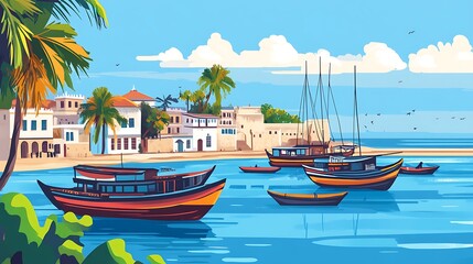 Fototapeta premium Coastal Town with Boats, and Tropical Bay.