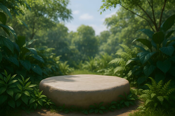 A circular stone amid lush green foliage.