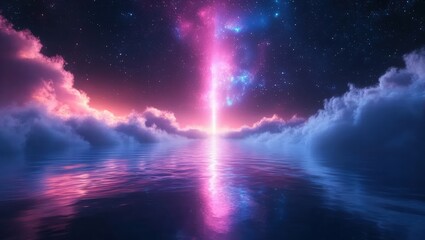 Night Sky with Light Beam Over Water