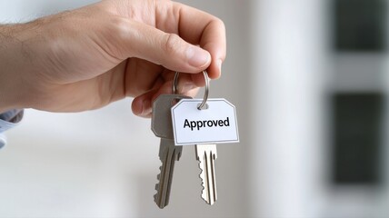 Approved Home Loan: Hand Holding Keys with Approval Tag hand keys approved approval home holding pet