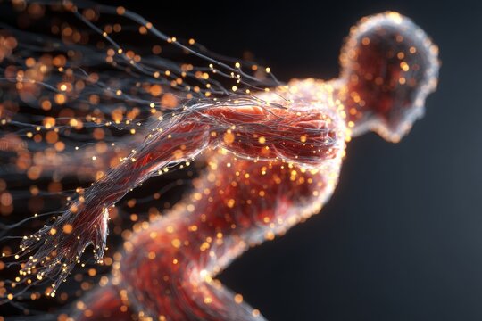 A glowing digital figure running with streams of light, symbolizing energy and speed.
