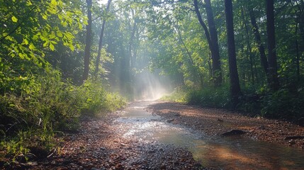 Obraz premium Morning mist gracefully hovering above a serene forest captured in stunning detail
