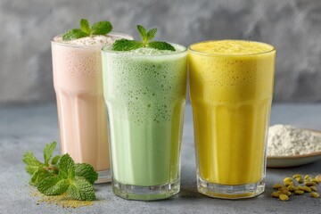 Three colorful protein shakes in glasses, garnished with fresh mint leaves and vibrant colors, perfect for a healthy and refreshing beverage choice, a nutritious drink.