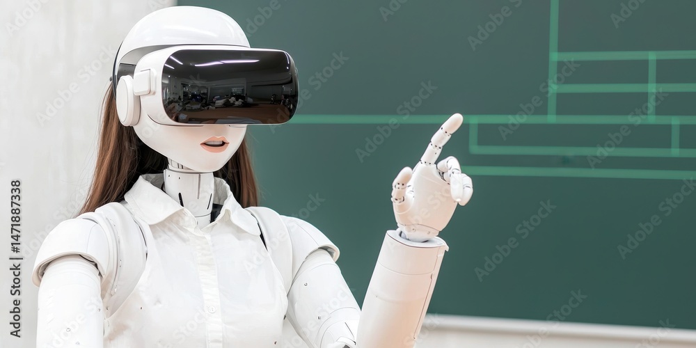 Poster A humanoid robot wearing virtual reality goggles interacts in front of a chalkboard, simulating a futuristic classroom setting.