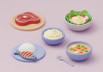 Cartoon Food Dishes on Pink Background