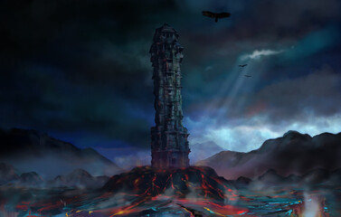 Historic famous buildings destroyed by fire, Old abandoned tower on fire, hand drawn concept illustration
